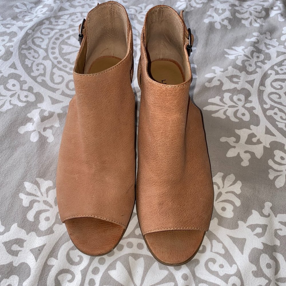 Lucky Brand LP-Barimo Tan Leather Heeled Booties Open Toe Size 8.5